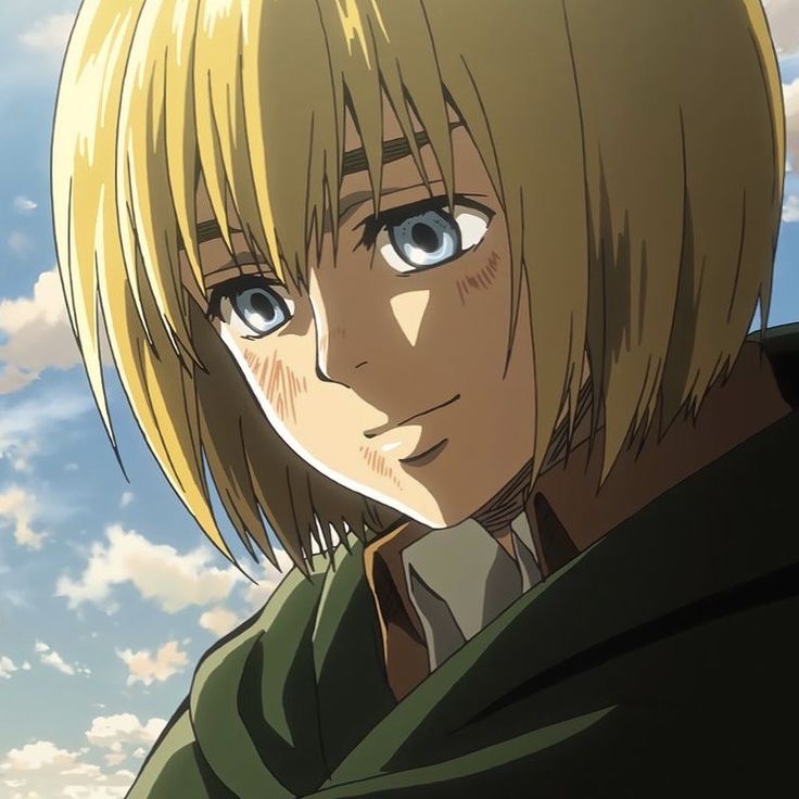 an anime character with blonde hair and blue eyes looks at the camera while standing in front of clouds