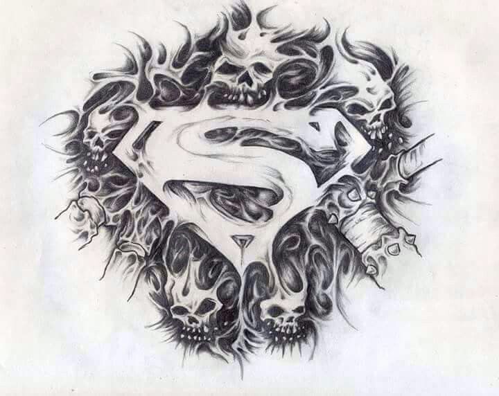 a black and white drawing of a skull with a superman symbol on it's chest