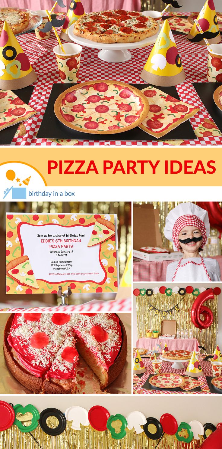 a pizza party with lots of food and decorations