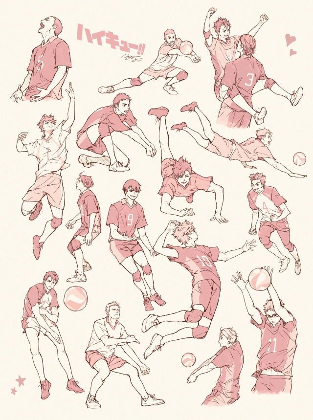 a drawing of people playing tennis in various poses and positions, all with their hands up to the ball