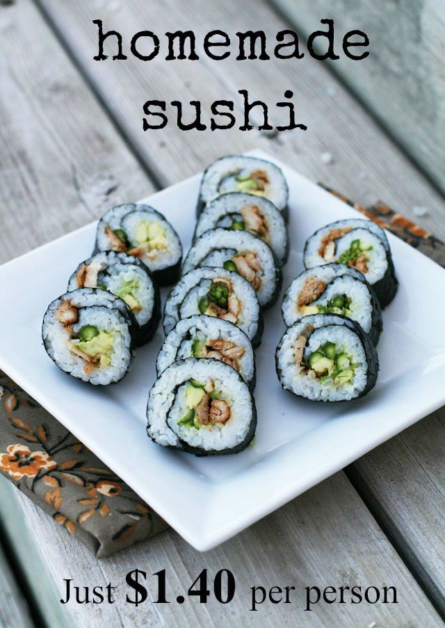 Delicious, homemade sushi for just $1.40 per person? Believe it! Click through for recipe. Sushi Rolls At Home, Resep Sushi, Homemade Sushi Rolls, Chicken Sushi, California Rolls, Sushi Recipe, Sushi At Home, Sushi Night, Homemade Sushi