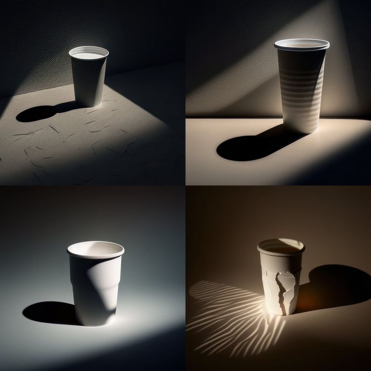 four different shots of coffee cups with their shadows on the ground and in the dark