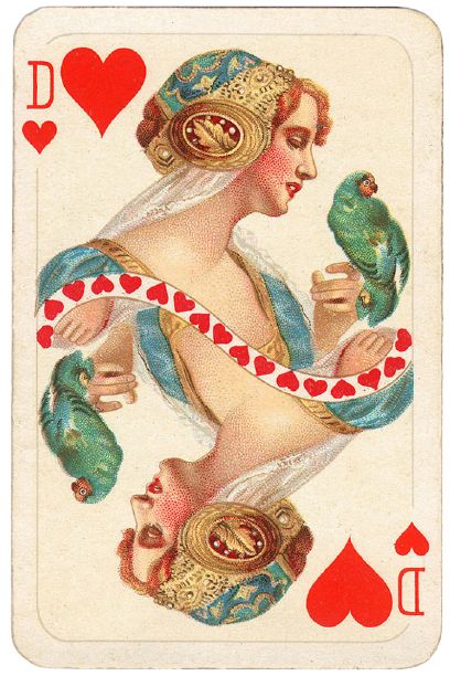 a playing card with an image of a woman holding two birds on her arm and the other