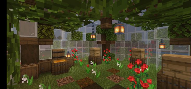 an image of a room with flowers and plants in the center, including red poppies