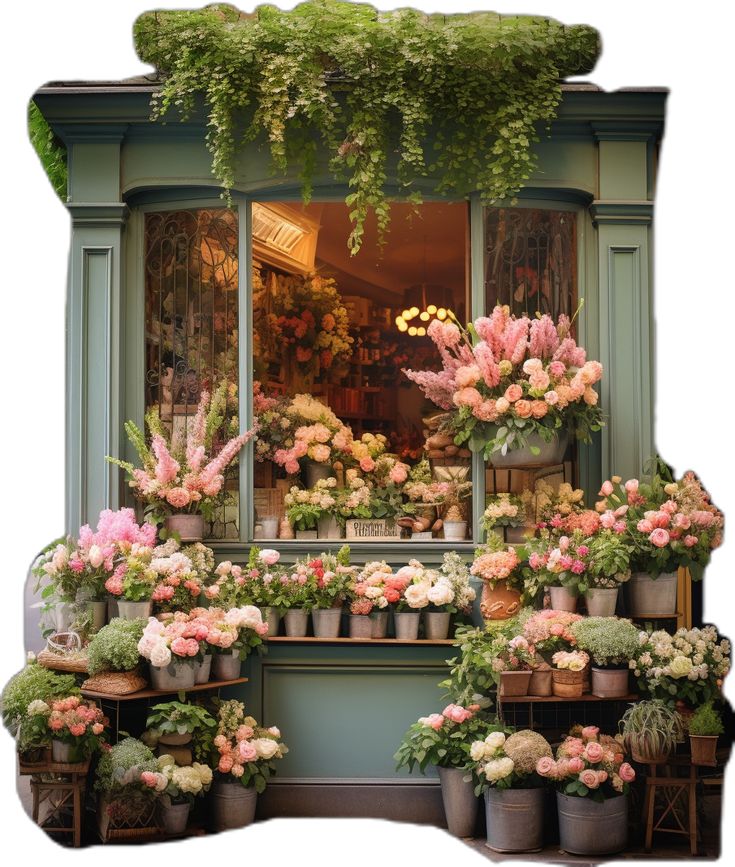 a flower shop filled with lots of flowers and potted plants in front of a window