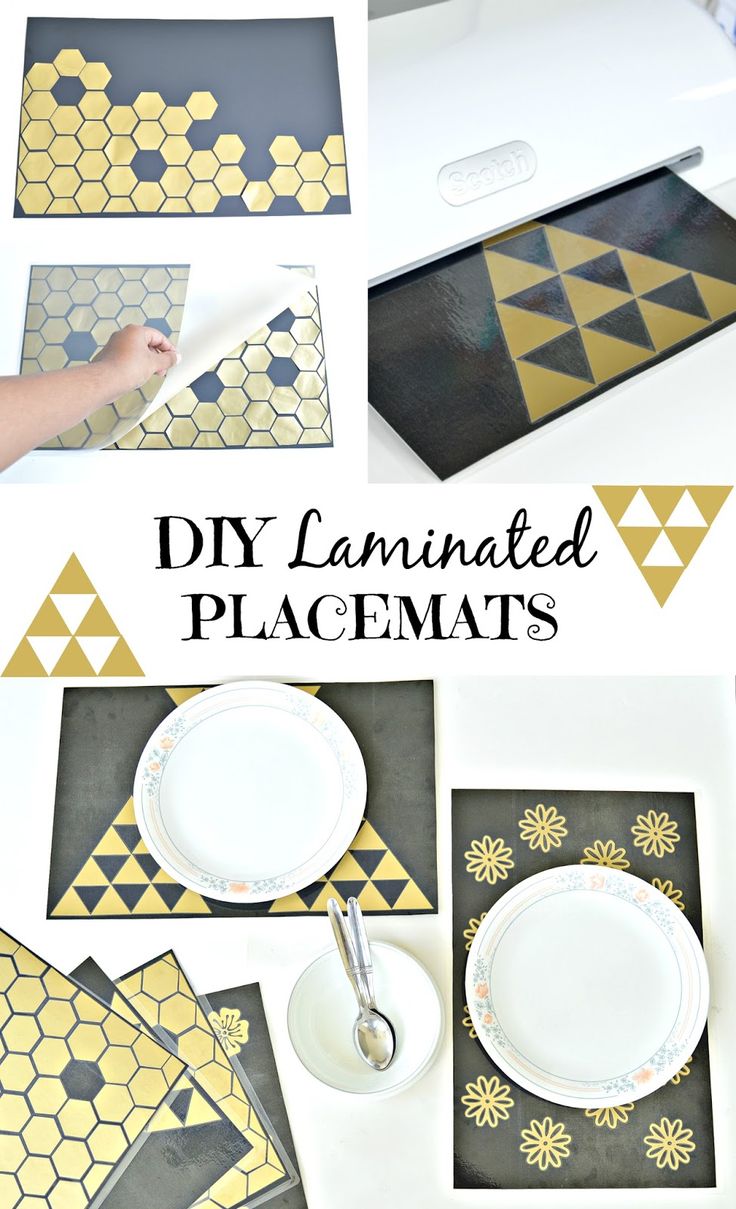 diy laminated placemats with gold and black geometric designs on them