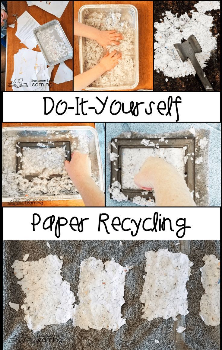 the process for making paper recycling is shown in four different pictures, including one being shredded into