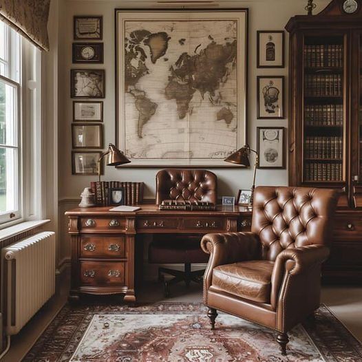 an old fashioned leather chair sits in front of a desk with a world map on the wall