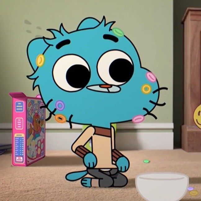 a cartoon character is standing in front of a box and some toys on the floor