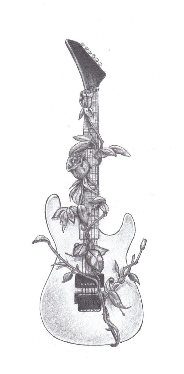 a drawing of a guitar with flowers on it