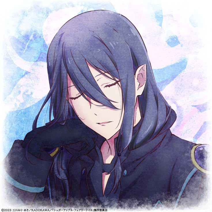 an anime character with long black hair and blue eyes, wearing a dark outfit in front of a white background