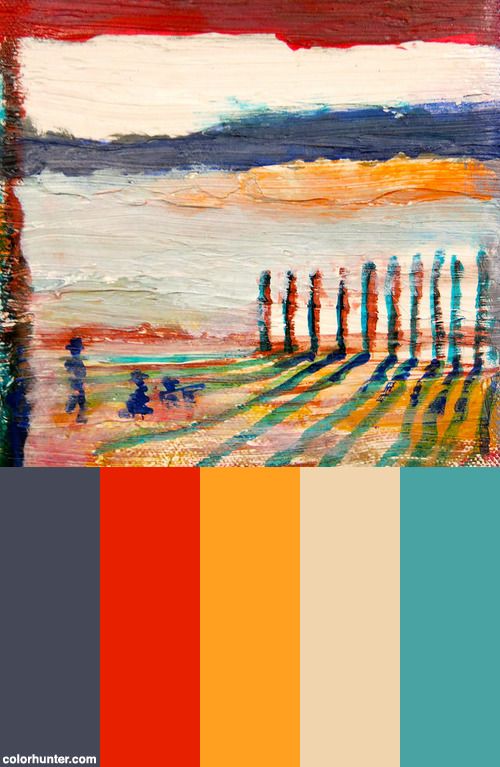 an abstract painting with different colors and lines on it, including oranges, yellows,