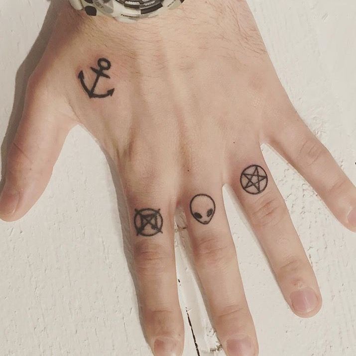 a person's hand with three small tattoos on it and an anchor, wheel, and star