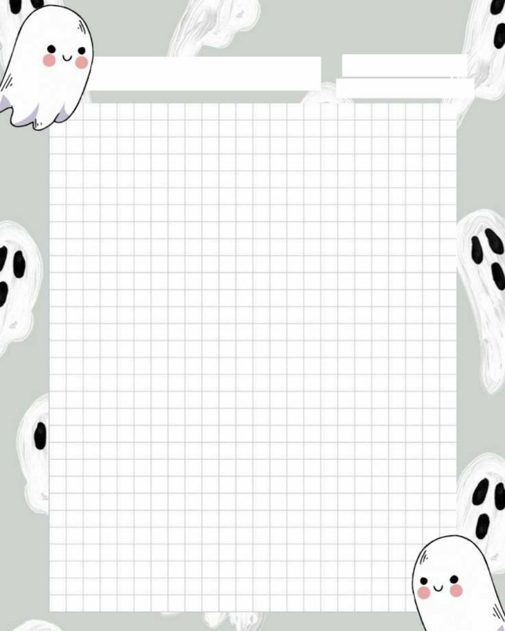 halloween ghost and ghost faces on a gray background with white grid paper in the shape of a rectangle