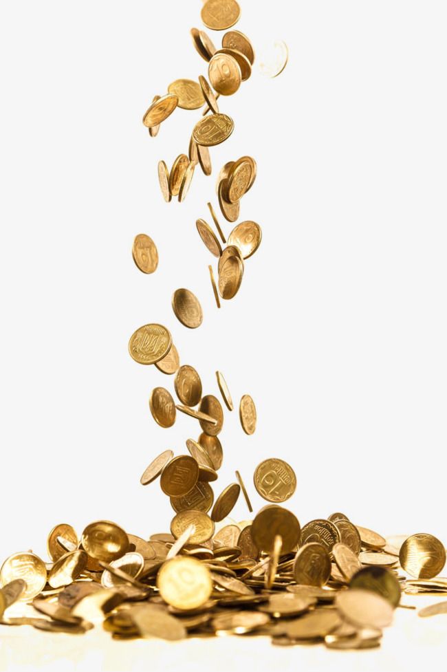 a pile of gold coins falling into the air