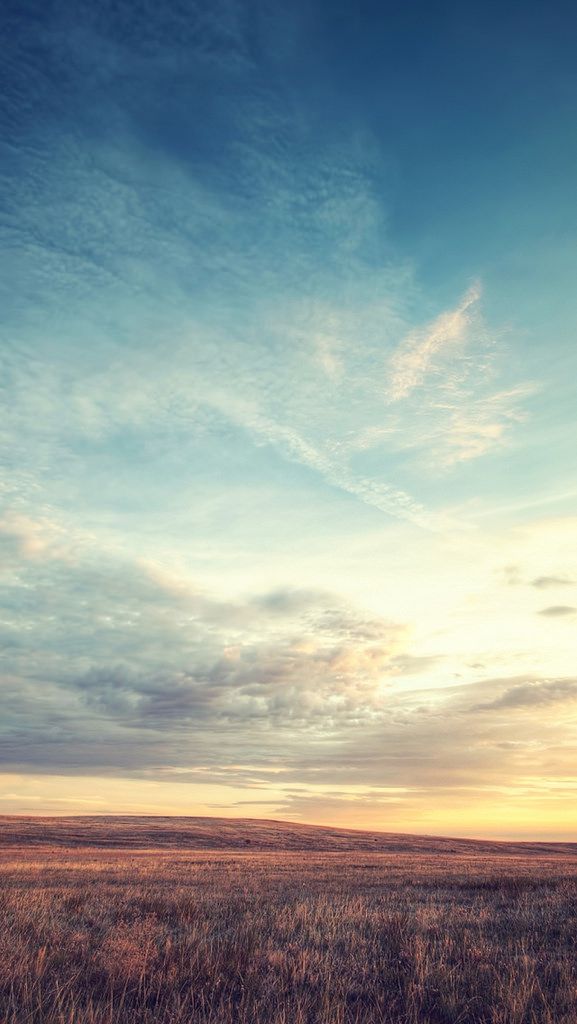 a lone horse standing in the middle of an open field at sunset with clouds overhead