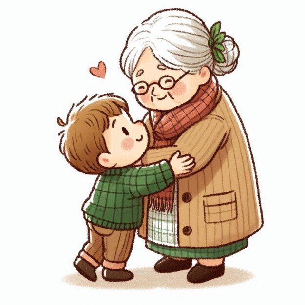 an elderly woman hugging a young boy