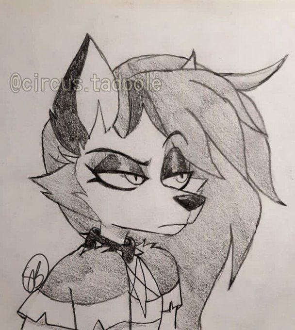 a pencil drawing of a cat girl with horns and bow tie on her head, looking angry