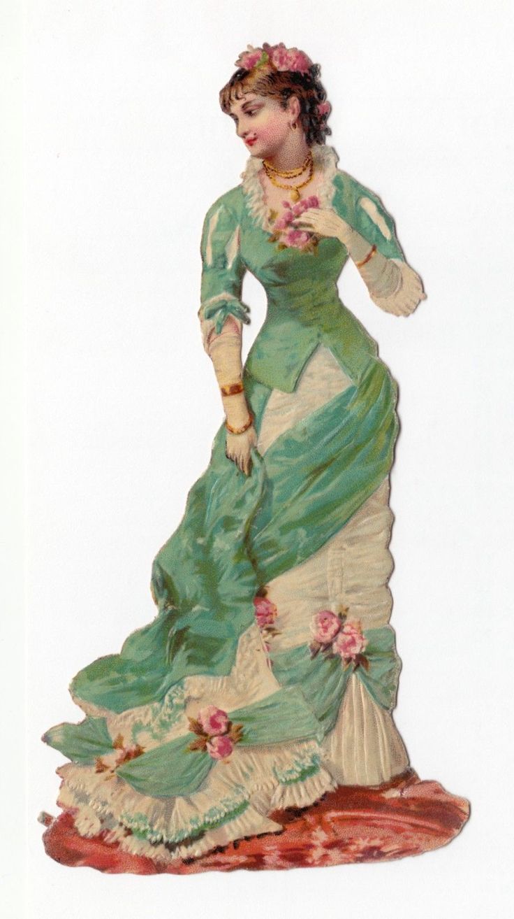 a woman in a green dress with flowers on her head and hands behind her back