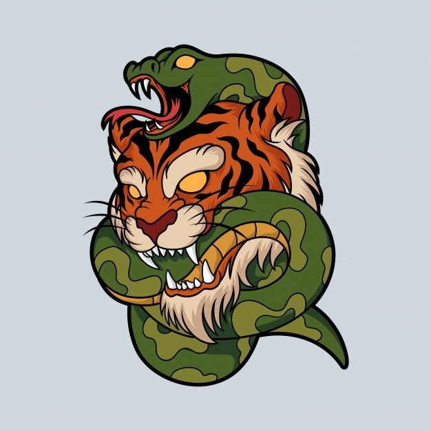 the head of a tiger with a snake wrapped around it's neck