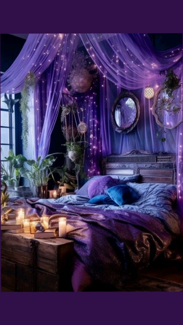 a bedroom with purple curtains and candles on the bed