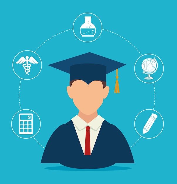 a man wearing a graduation cap and gown with icons surrounding him on a blue background