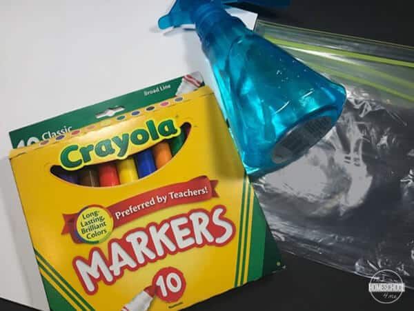 crayons, markers and plastic bag sitting on the table next to each other