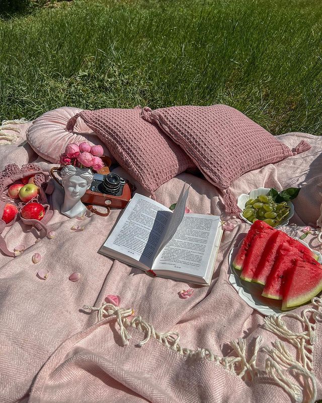 an open book and some watermelon slices on a blanket with other food items