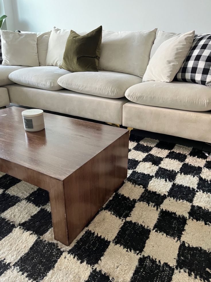 a living room with a couch, coffee table and checkered rug on the floor