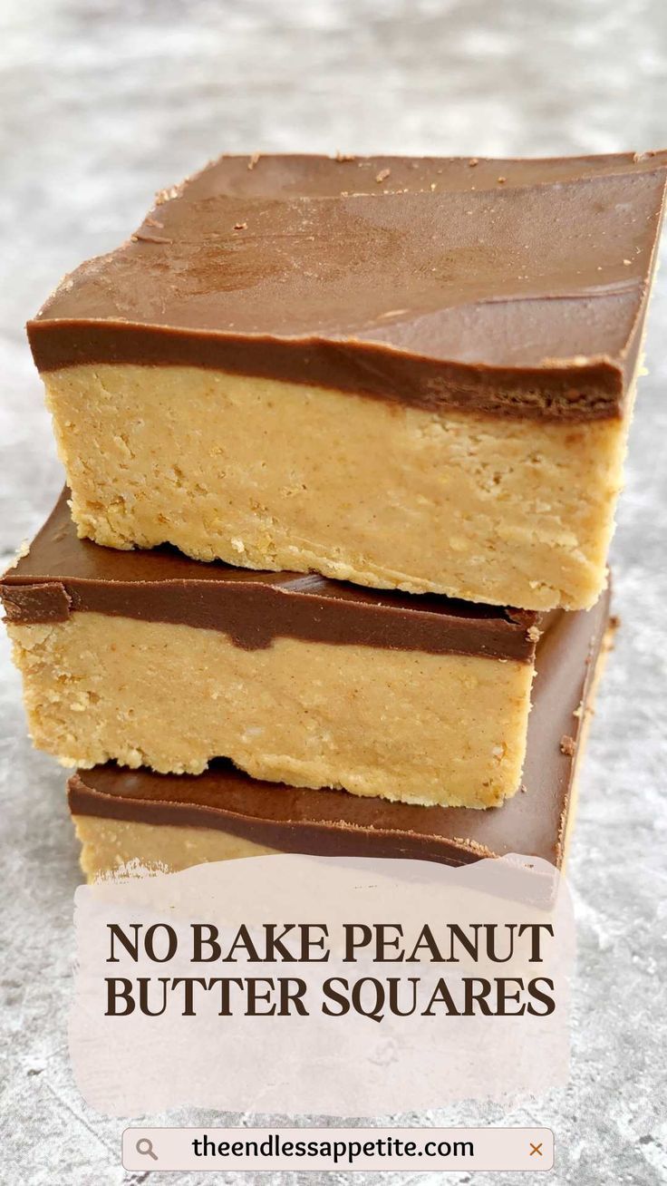 no bake peanut butter squares stacked on top of each other with the words, no bake peanut butter squares