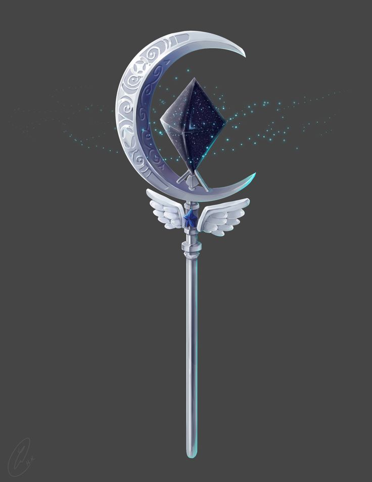 an artistic illustration of the moon with wings and a diamond on it's pole