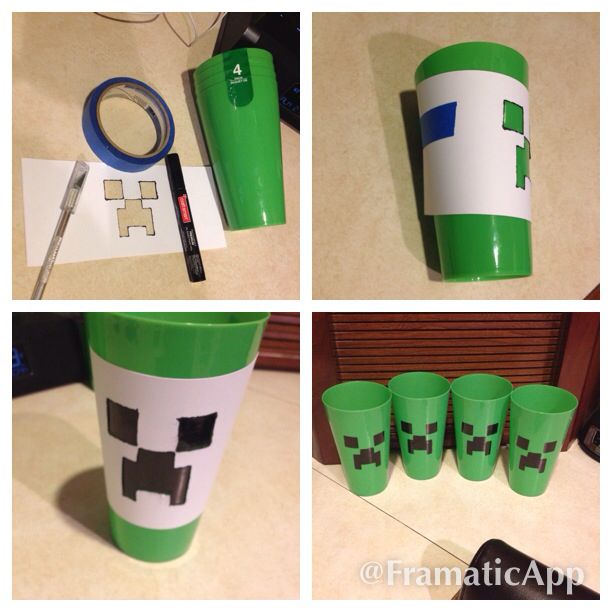 four different shots of the same cup being made into minecraft mugs with scissors and tape