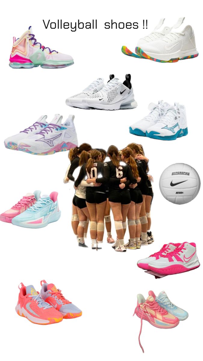 there are many different types of shoes in this photo and the words, volleyball shoes