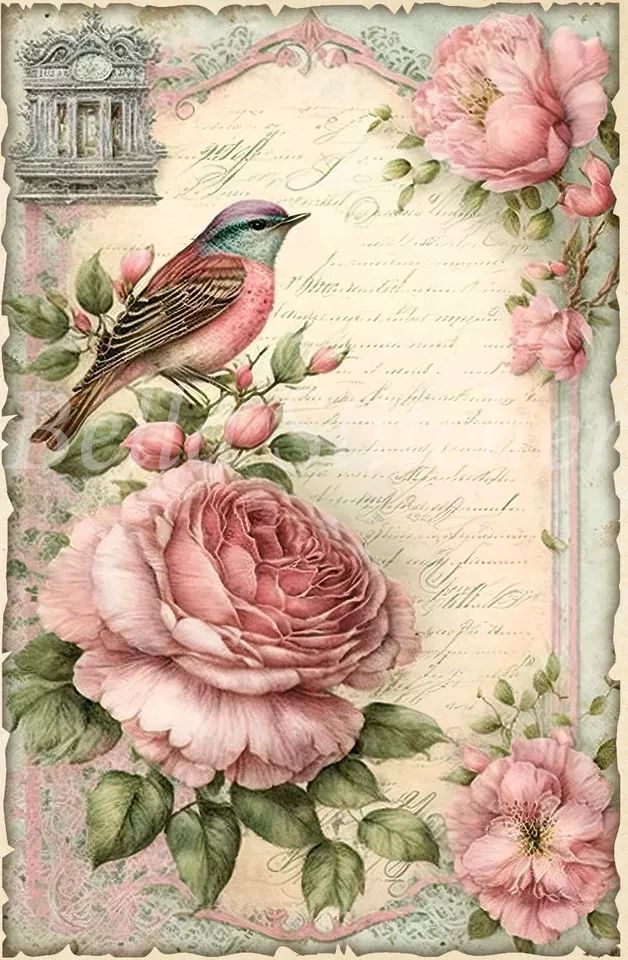 a bird sitting on top of a pink flower next to a white and green frame