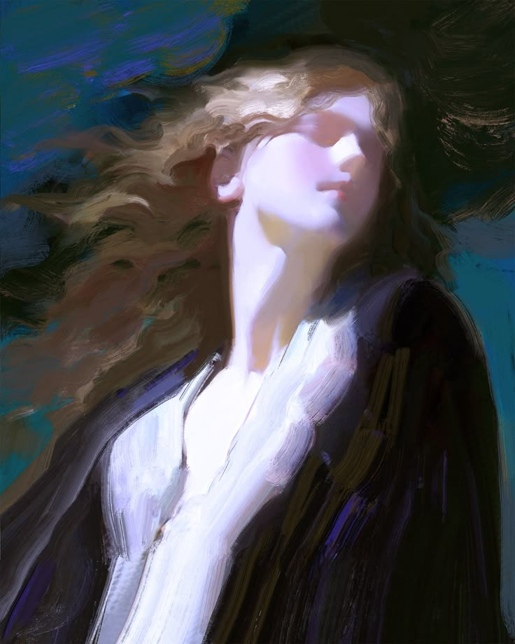 a digital painting of a woman's head and shoulders with long hair blowing in the wind