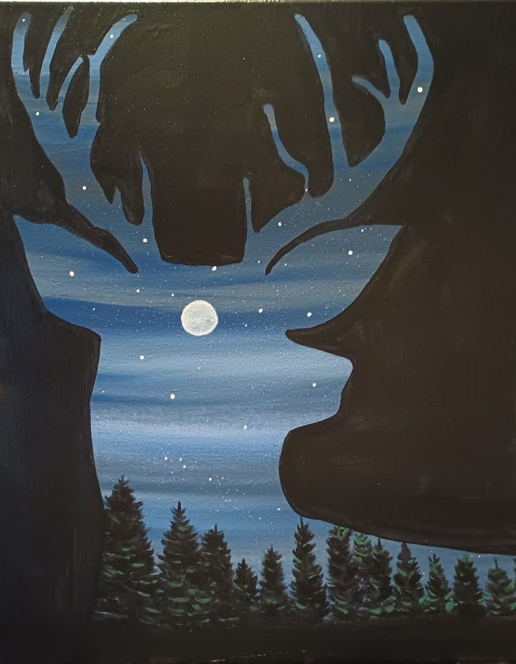 a painting of a moose's head with the moon in the sky behind it