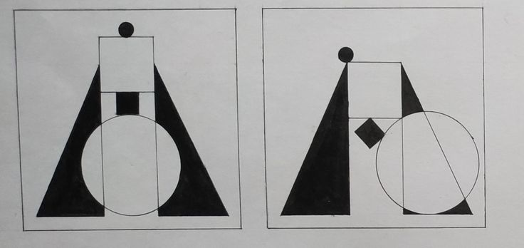 two black and white paintings with shapes on them