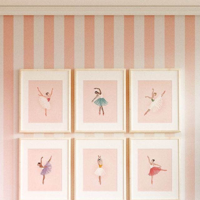 six ballerinas on pink and white striped wallpaper, framed in four different frames