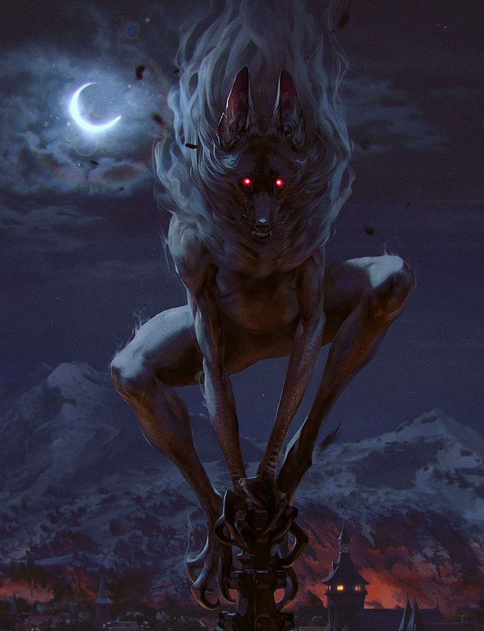 a creature with red eyes standing in the middle of a night sky, holding onto a chain