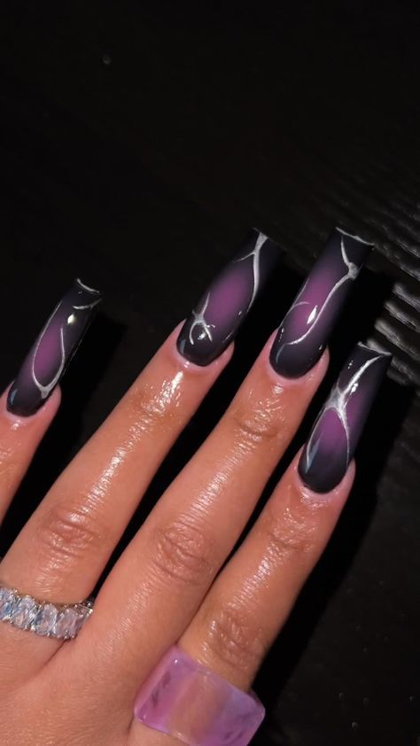 Black And Purple Nails, Purple And Silver Nails, Dark Purple Nails, Rare Features, Purple Acrylic Nails, Airbrush Nails, Purple Nail Designs, Grunge Nails, Unique Acrylic Nails