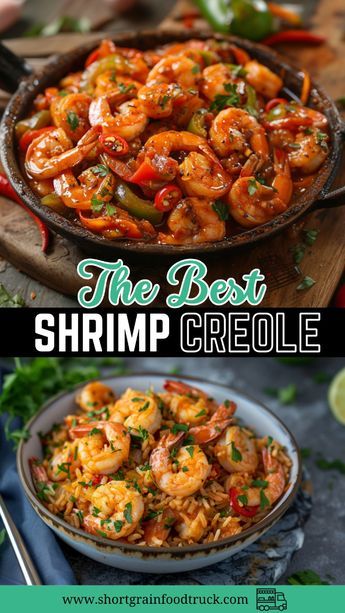 the best shrimp and rice skillet recipe is shown in this collage with text overlay