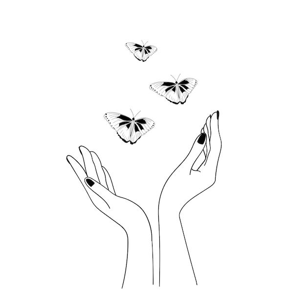 two hands reaching for butterflies in the air