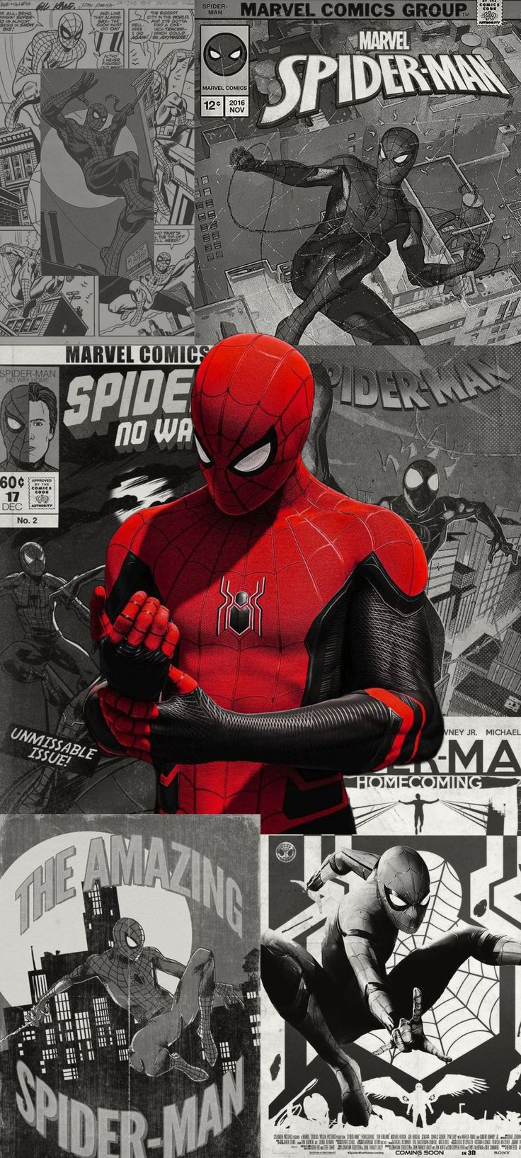 the amazing spider - man movie poster is shown in black and white, with red accents