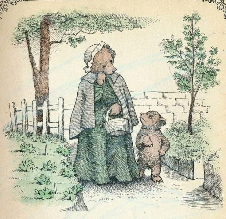 an old woman holding a basket next to a brown teddy bear in a garden with a fence and trees