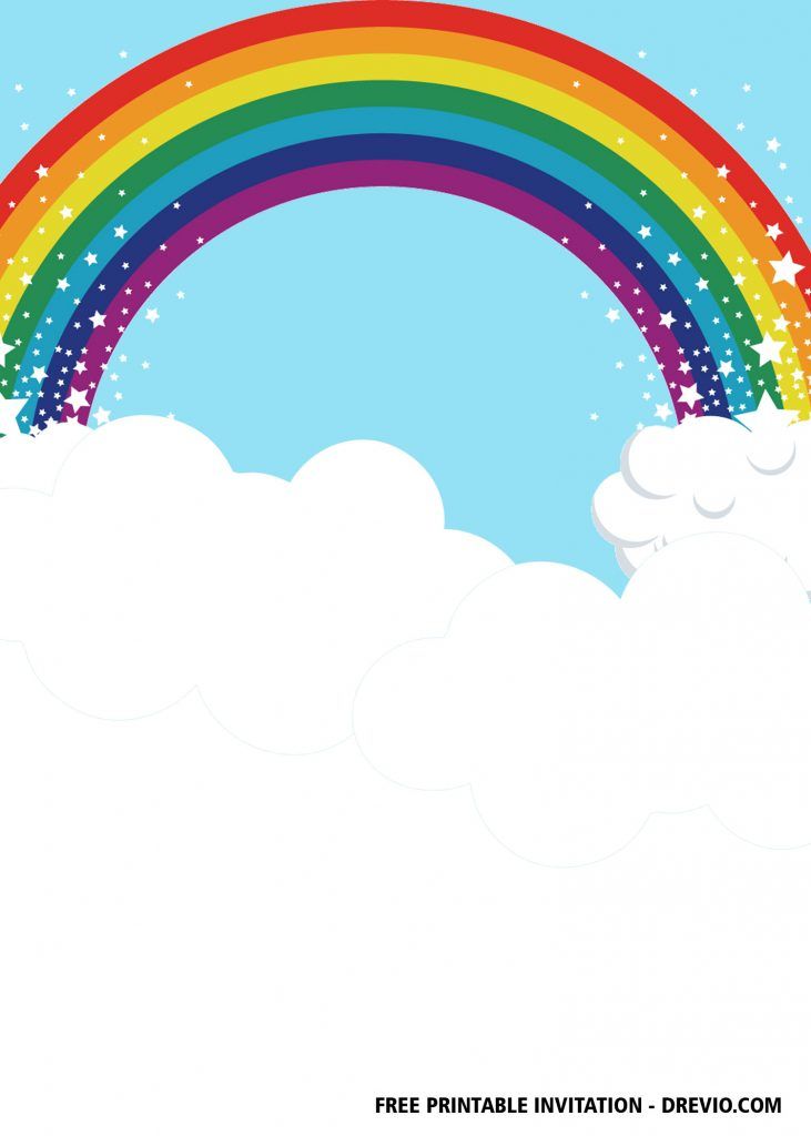 a rainbow in the sky with clouds and stars on it's sides is shown