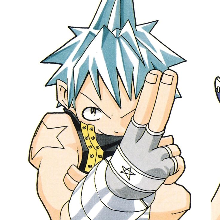 an anime character with blue hair holding a cell phone up to his ear and pointing at the camera