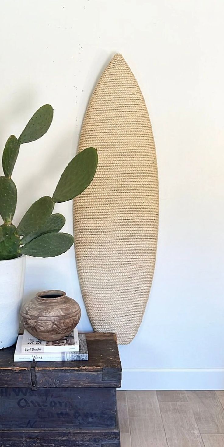 a potted plant sitting on top of a wooden box next to a vase with leaves