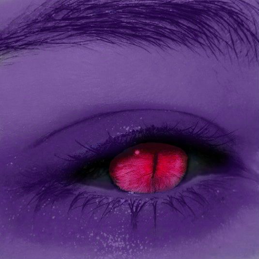 a woman's eye with purple and red makeup