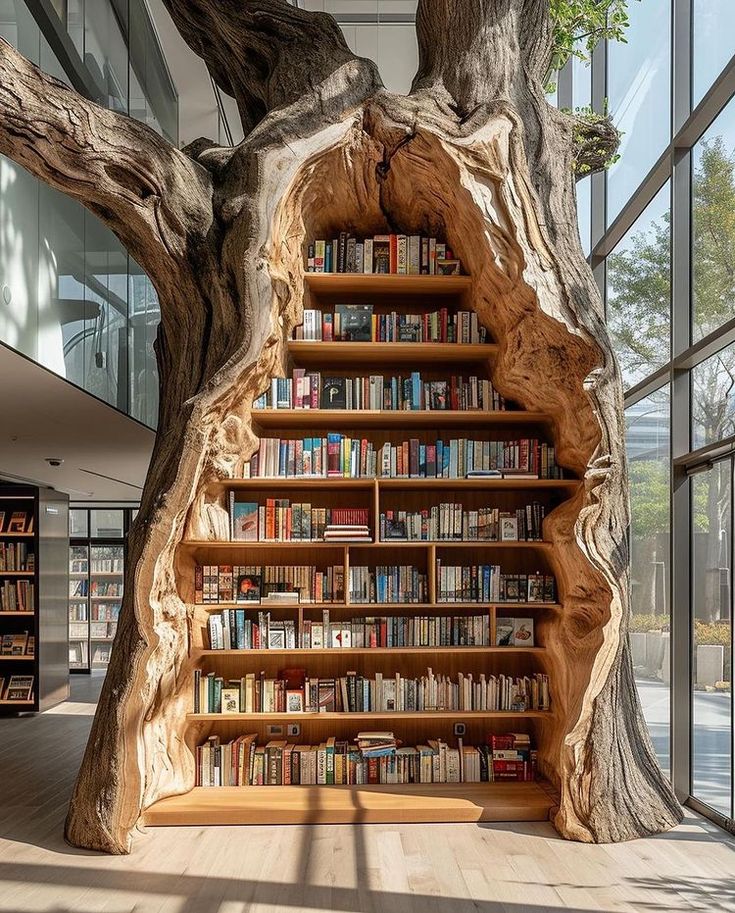 the bookshelf is made out of tree trunks