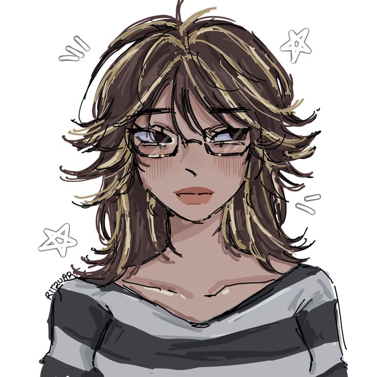 a drawing of a woman with glasses on her face and long hair, wearing a striped shirt